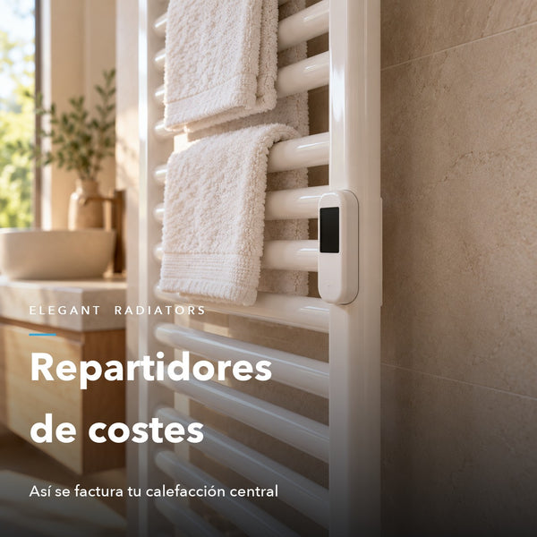 Repartidor de costes de calefacción instalado en un radiador toallero blanco con toallas