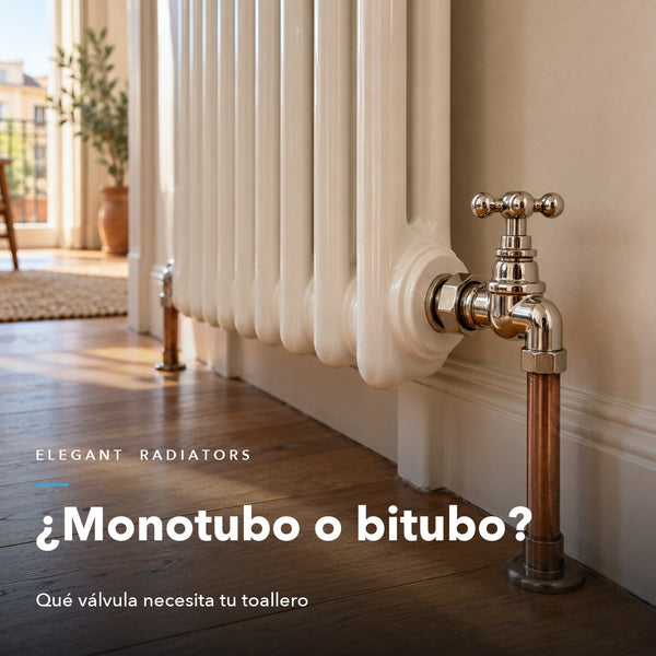 Válvula cromada y tubería de cobre de un radiador clásico blanco — guía monotubo o bitubo