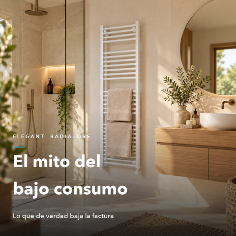Toallero eléctrico blanco en un baño luminoso — el mito del bajo consumo