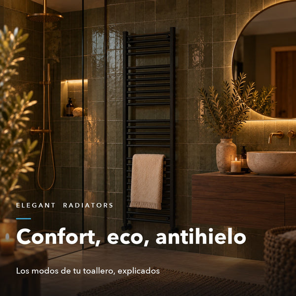 Toallero negro en un baño verde oliva — modos confort, eco y antihielo