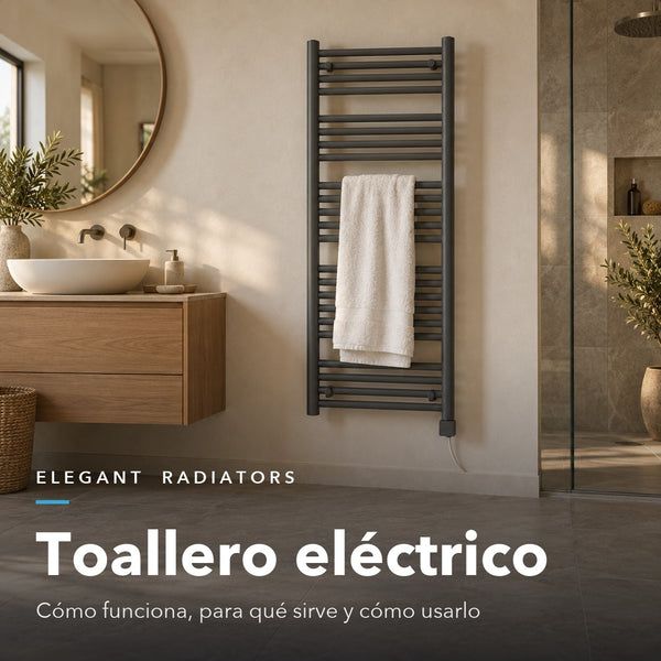 Toallero eléctrico antracita con una toalla blanca y el elemento calefactor en la parte inferior, en un baño moderno con lavabo de madera