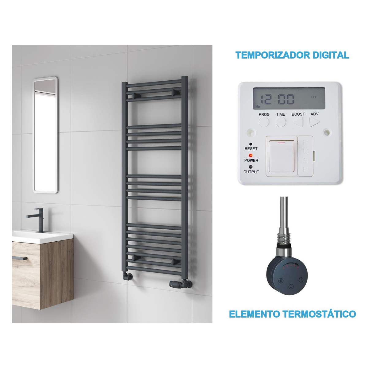 Radiador Toallero Eléctrico Antracita 500mm de Ancho · Precargado