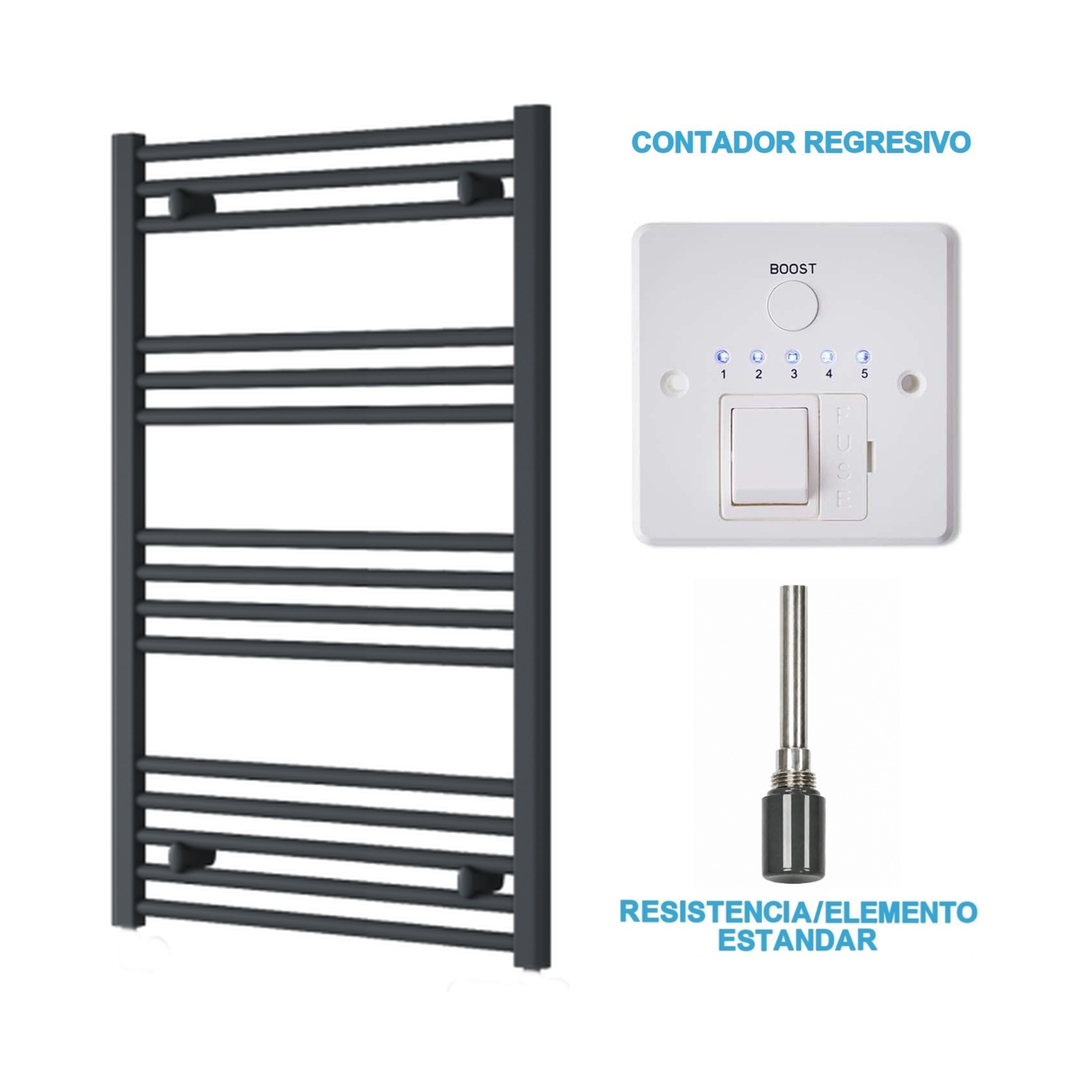 Radiador Toallero Eléctrico Antracita 600mm de Ancho · Precargado