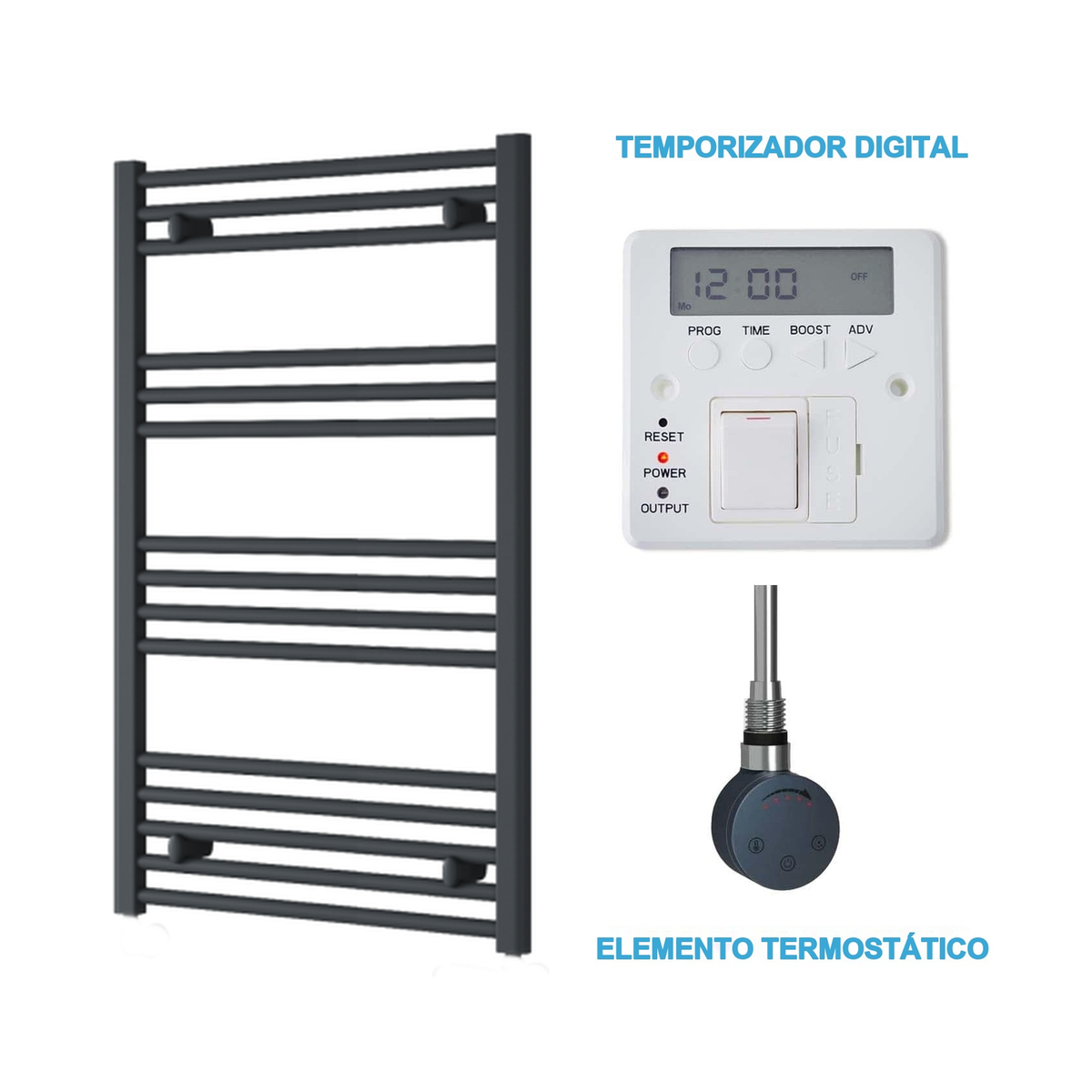 Radiador Toallero Eléctrico Antracita 600mm de Ancho · Precargado