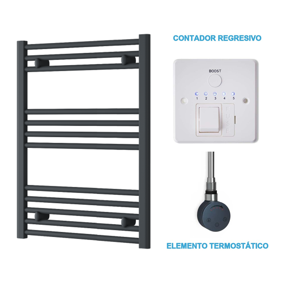 Radiador Toallero Eléctrico Antracita 600mm de Ancho · Precargado