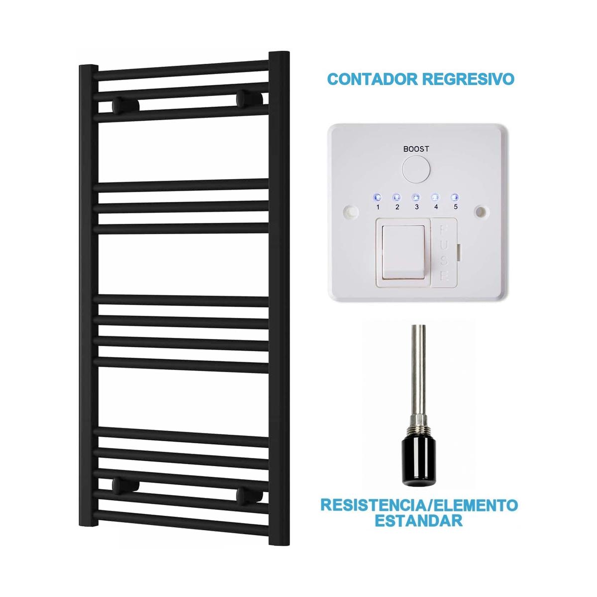 Radiador Toallero Eléctrico Negro 500mm de Ancho · Precargado