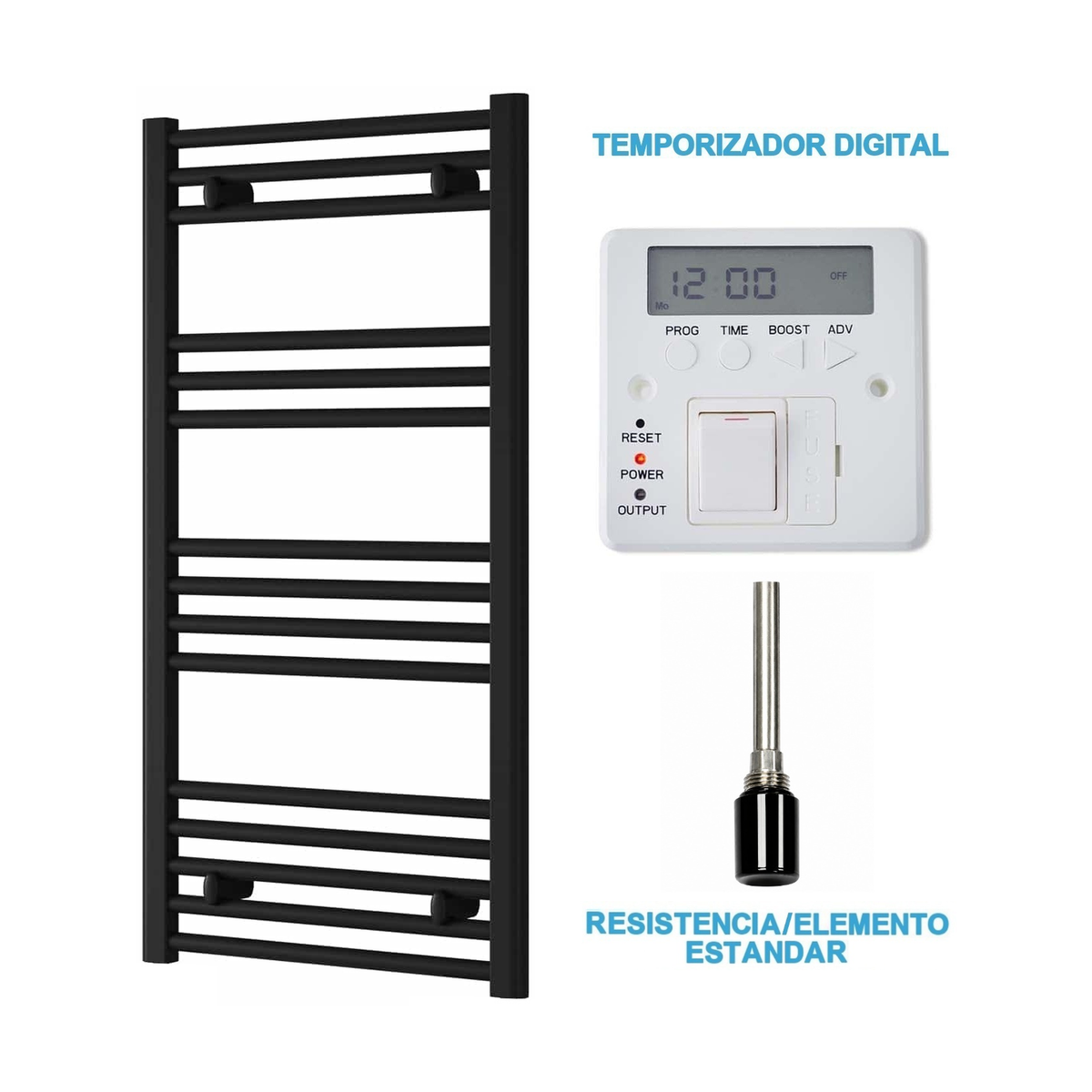 Radiador Toallero Eléctrico Negro 500mm de Ancho · Precargado