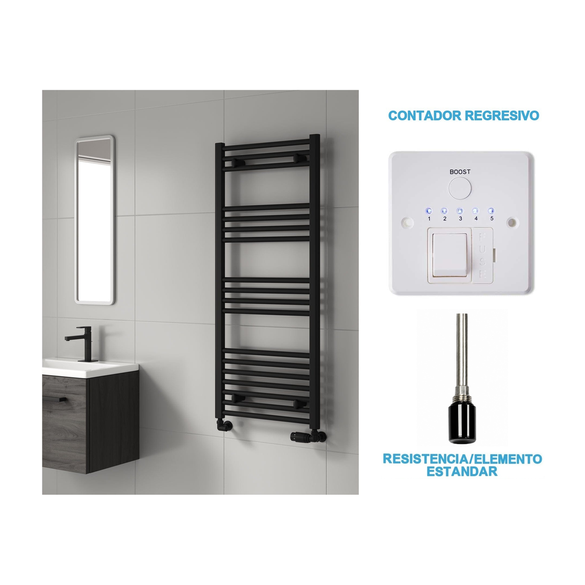 Radiador Toallero Eléctrico Negro 500mm de Ancho · Precargado