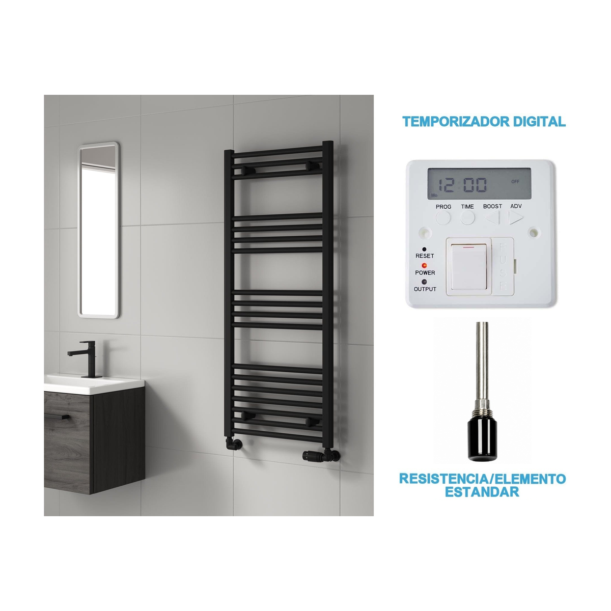 Radiador Toallero Eléctrico Negro 500mm de Ancho · Precargado