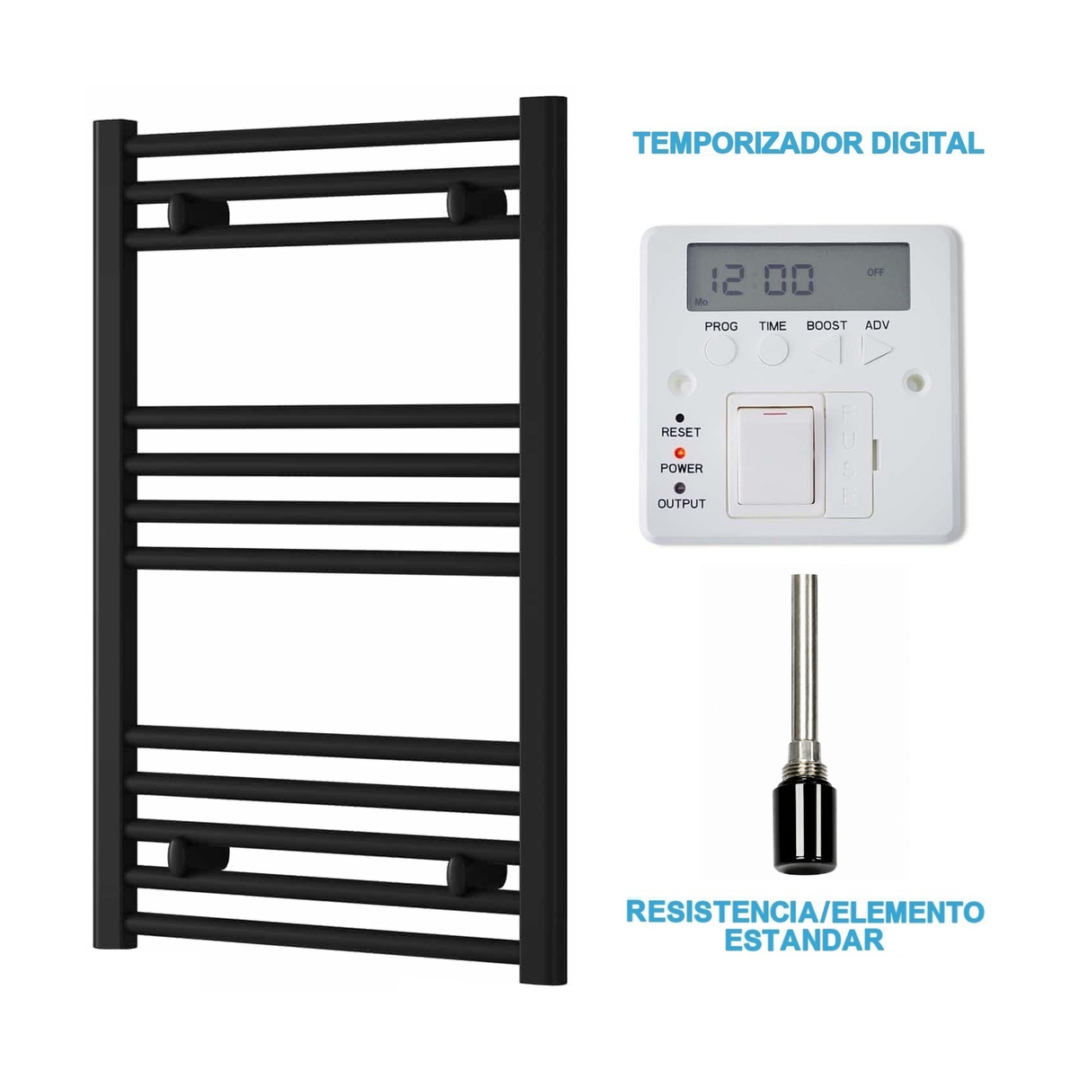 Radiador Toallero Eléctrico Negro 500mm de Ancho · Precargado