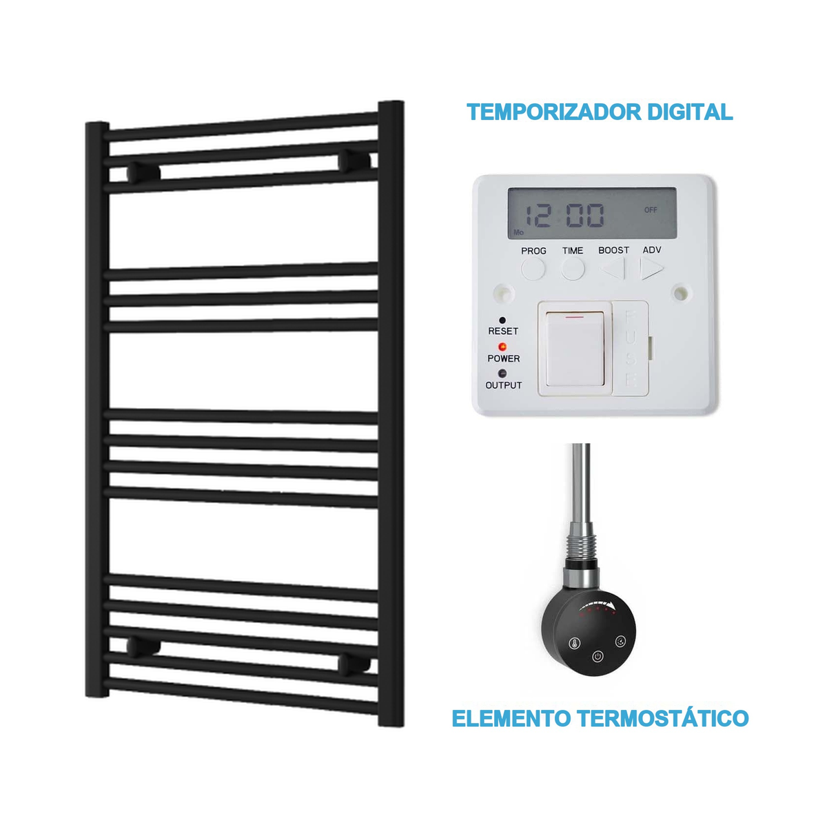 Radiador Toallero Eléctrico Negro 600mm de Ancho · Precargado