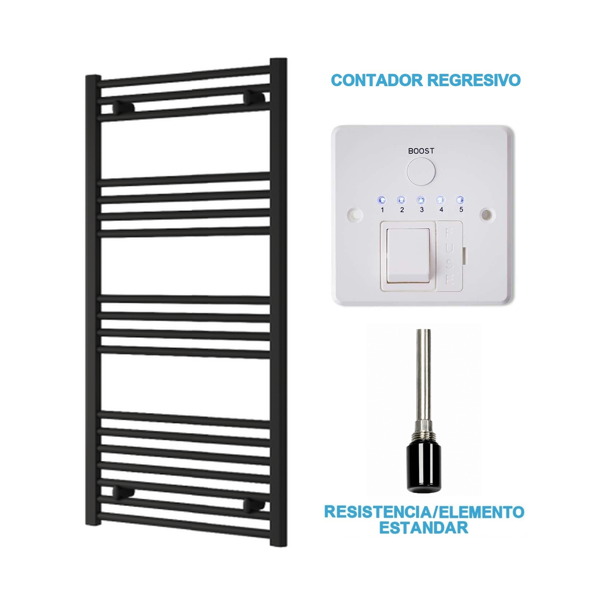 Radiador Toallero Eléctrico Negro 600mm de Ancho · Precargado