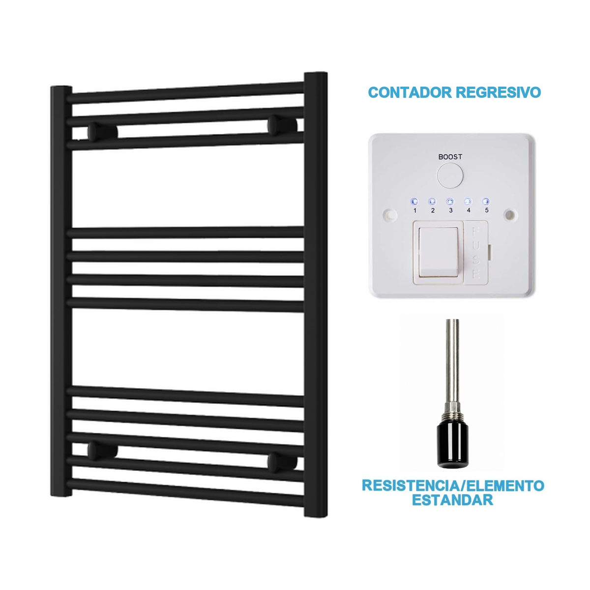 Radiador Toallero Eléctrico Negro 600mm de Ancho · Precargado