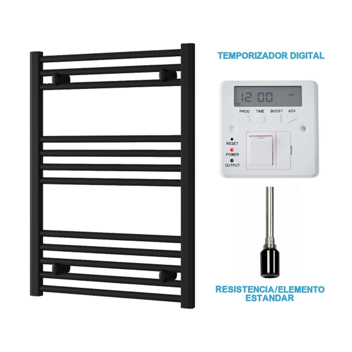 Radiador Toallero Eléctrico Negro 600mm de Ancho · Precargado