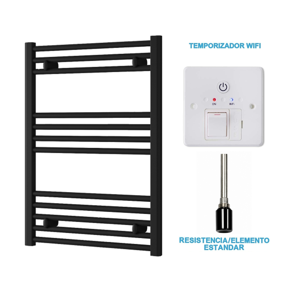 Radiador Toallero Eléctrico Negro 600mm de Ancho · Precargado