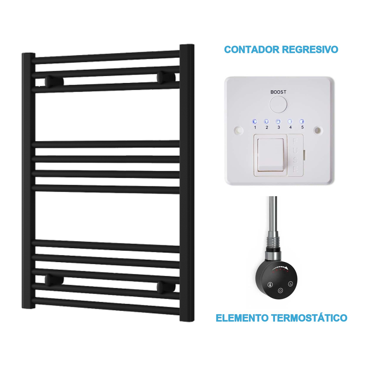 Radiador Toallero Eléctrico Negro 600mm de Ancho · Precargado