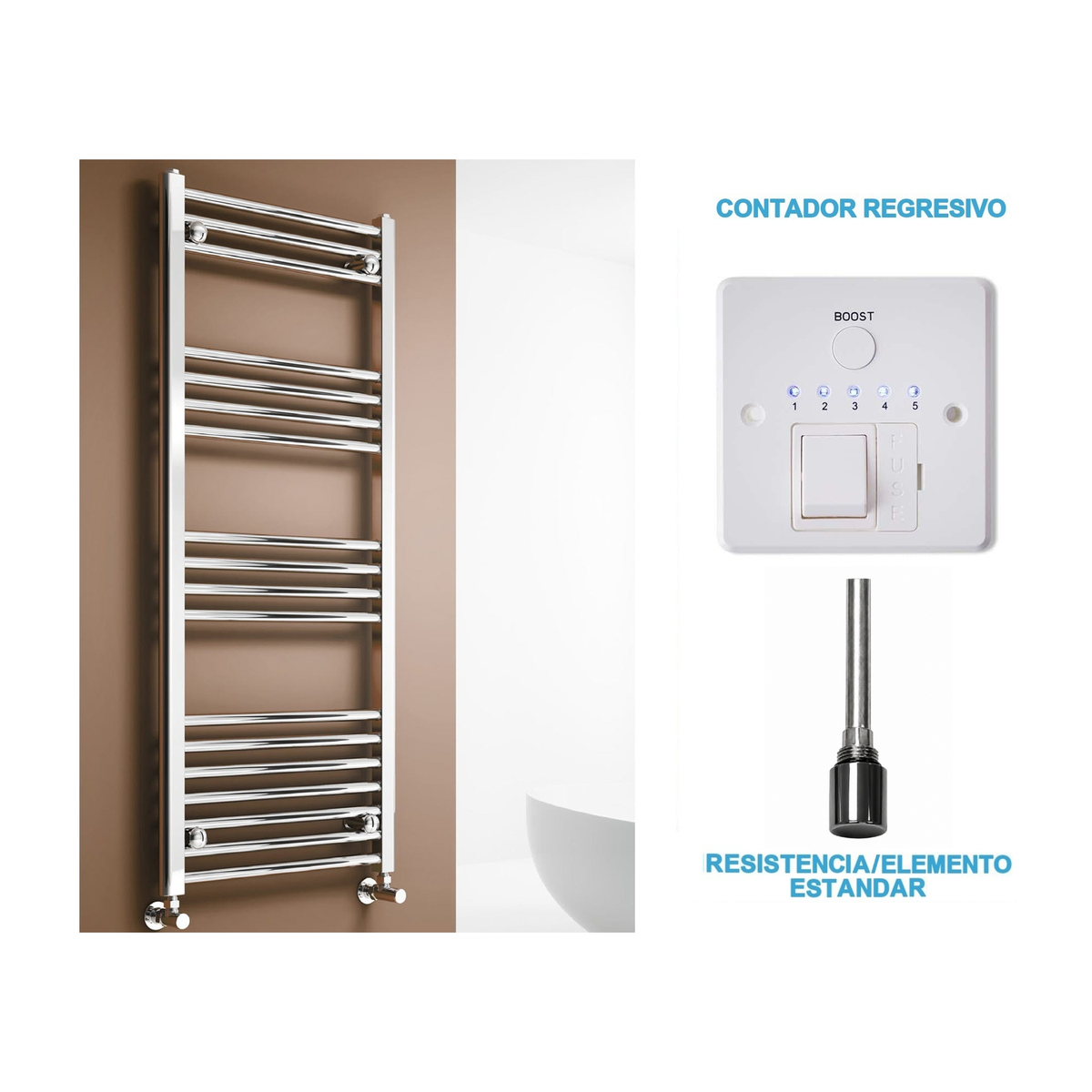 Radiador Toallero Eléctrico Cromado 500mm de Ancho · Precargado
