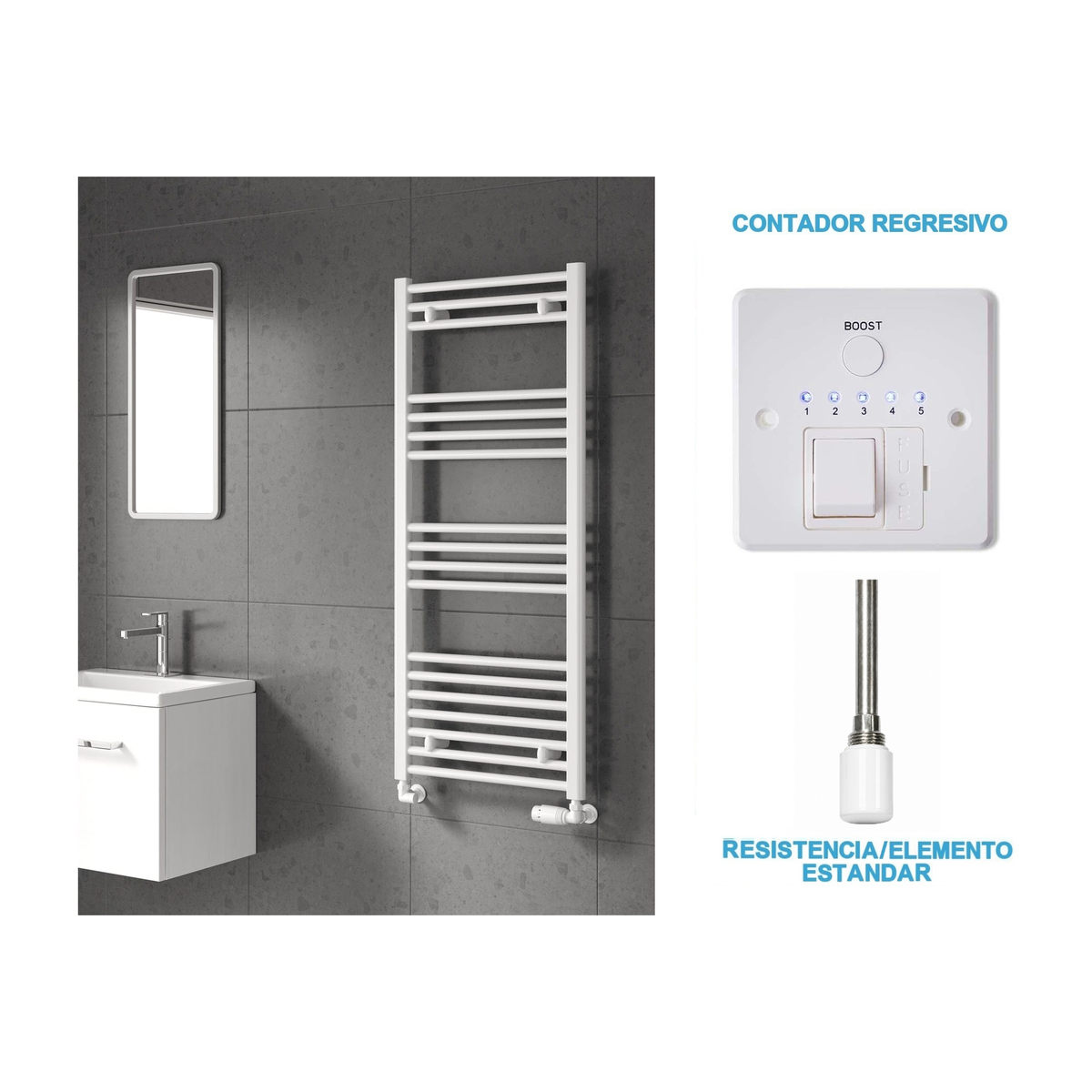 Radiador Toallero Eléctrico Blanco 500mm de Ancho · Precargado