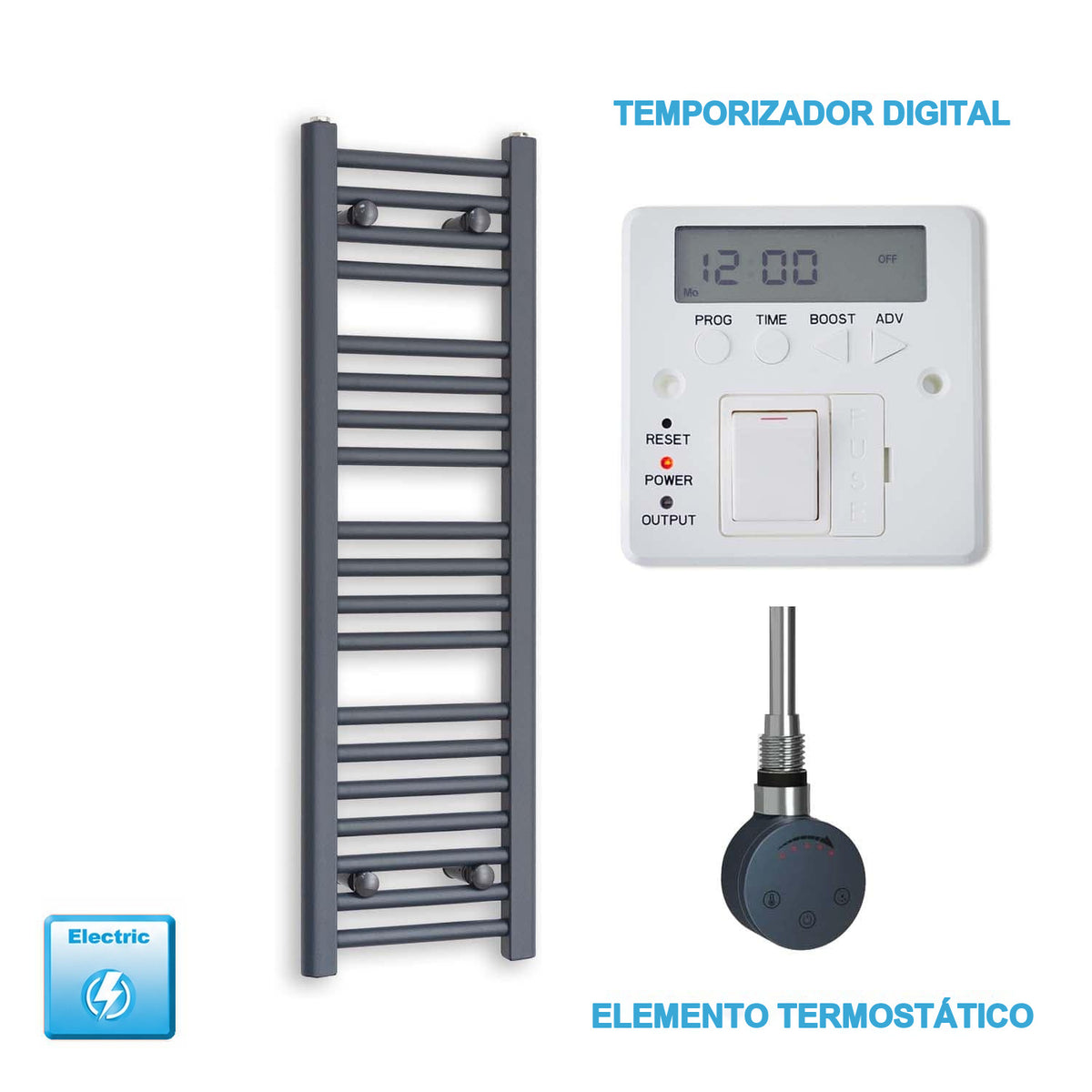 Radiador Toallero Eléctrico Antracita 300mm Ancho - Precargado