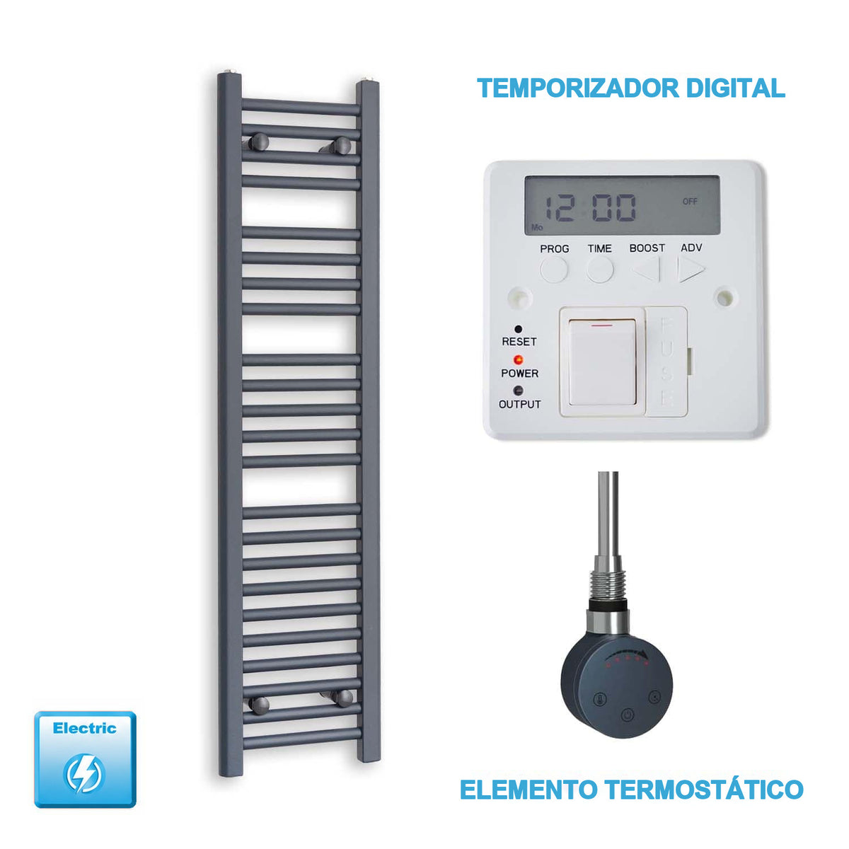 Radiador Toallero Eléctrico Antracita 300mm Ancho - Precargado