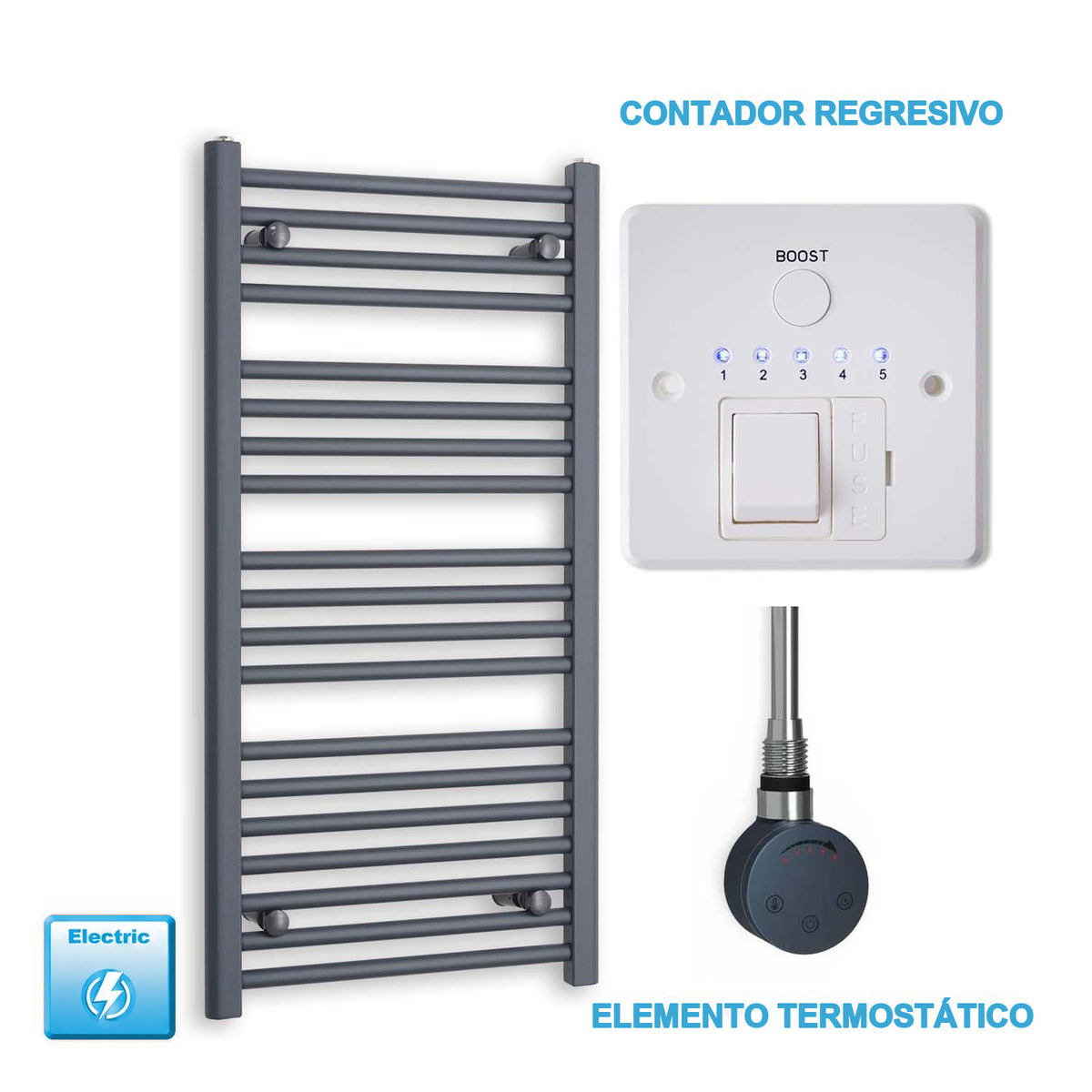 Radiador Toallero Eléctrico Antracita 500mm Ancho - Precargado