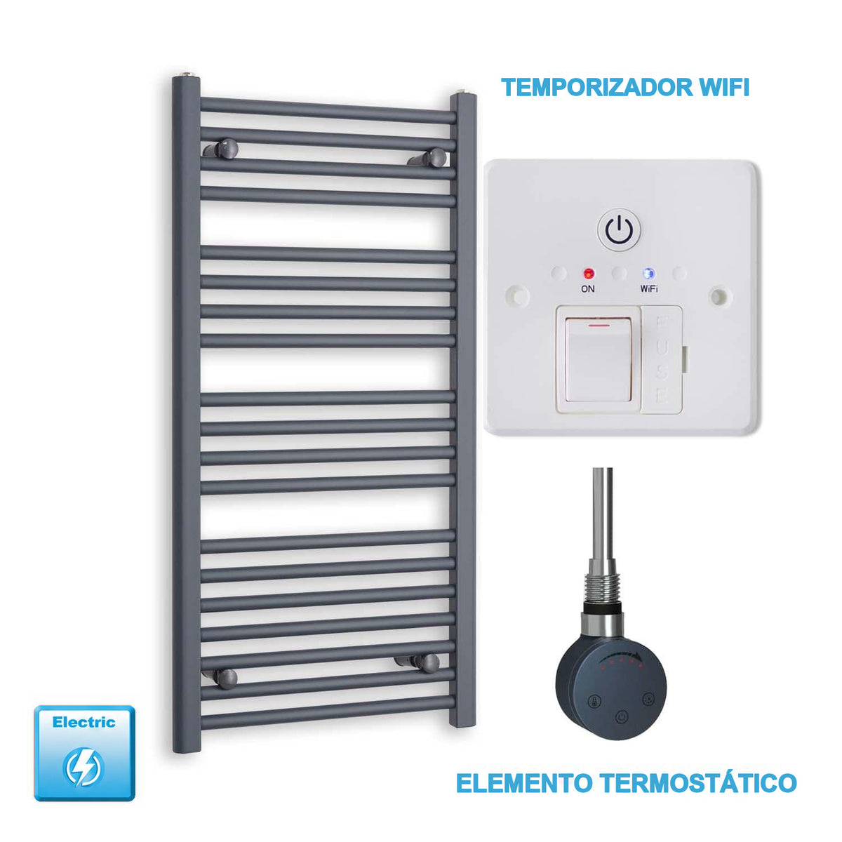 Radiador Toallero Eléctrico Antracita 500mm Ancho - Precargado