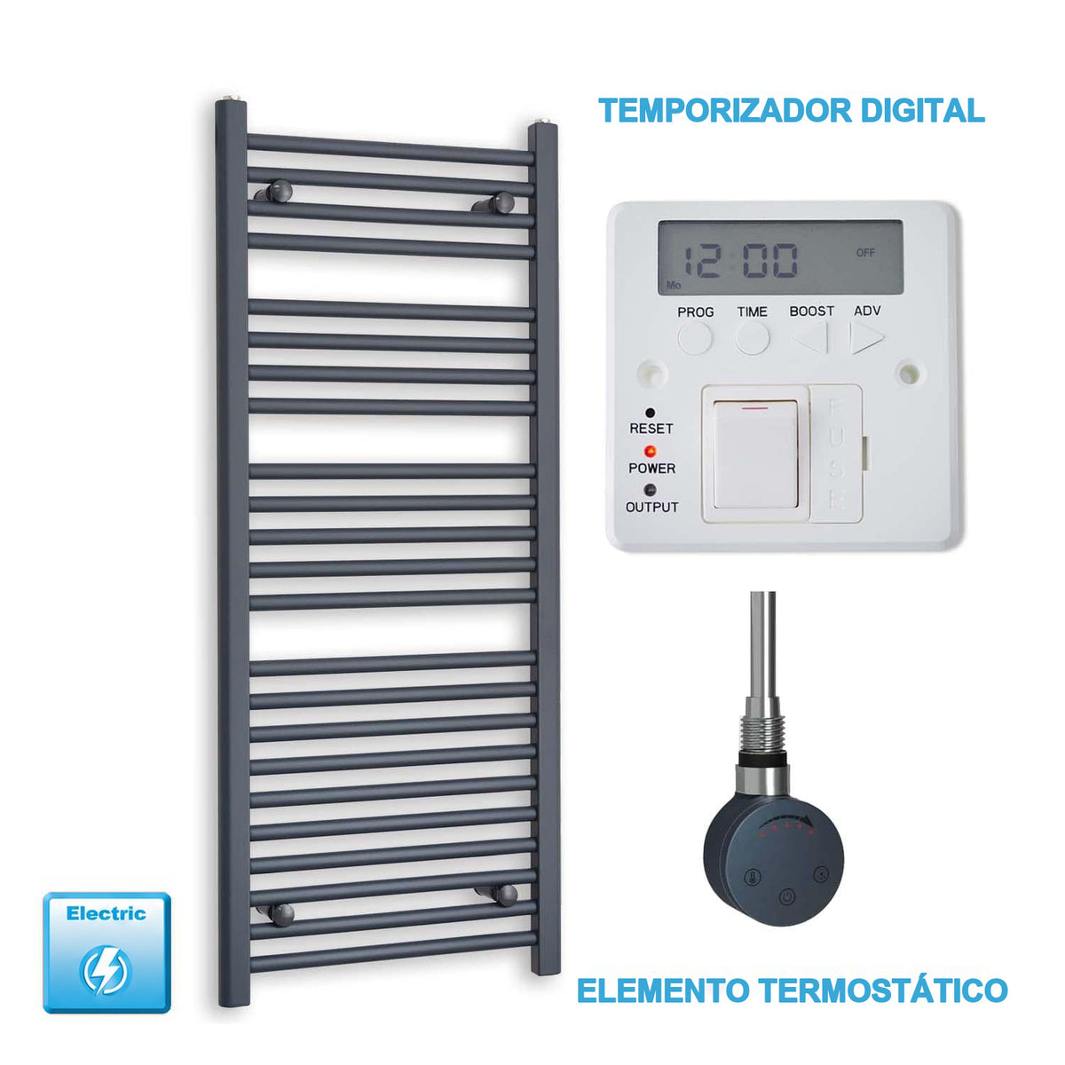 Radiador Toallero Eléctrico Antracita 500mm Ancho - Precargado