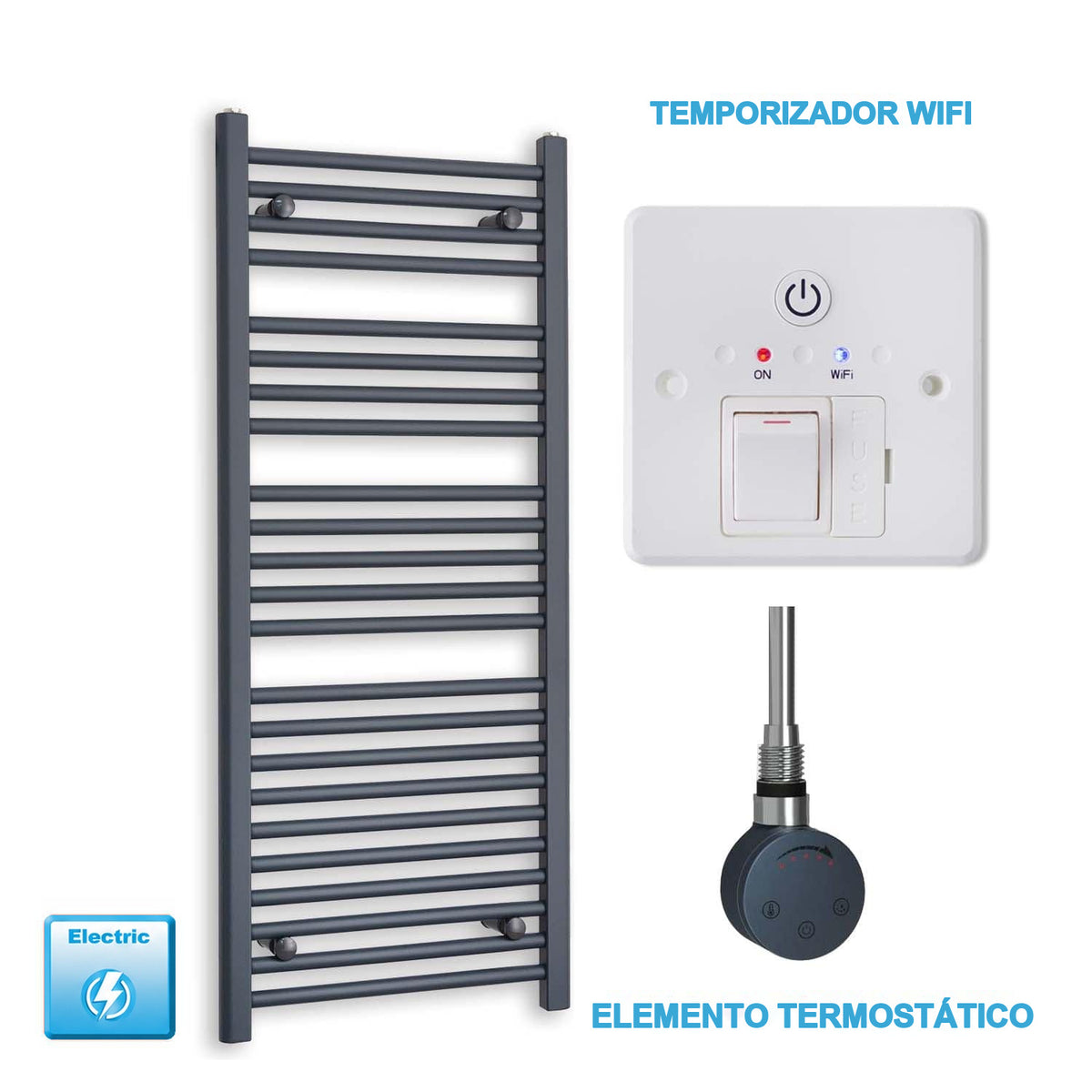Radiador Toallero Eléctrico Antracita 500mm Ancho - Precargado