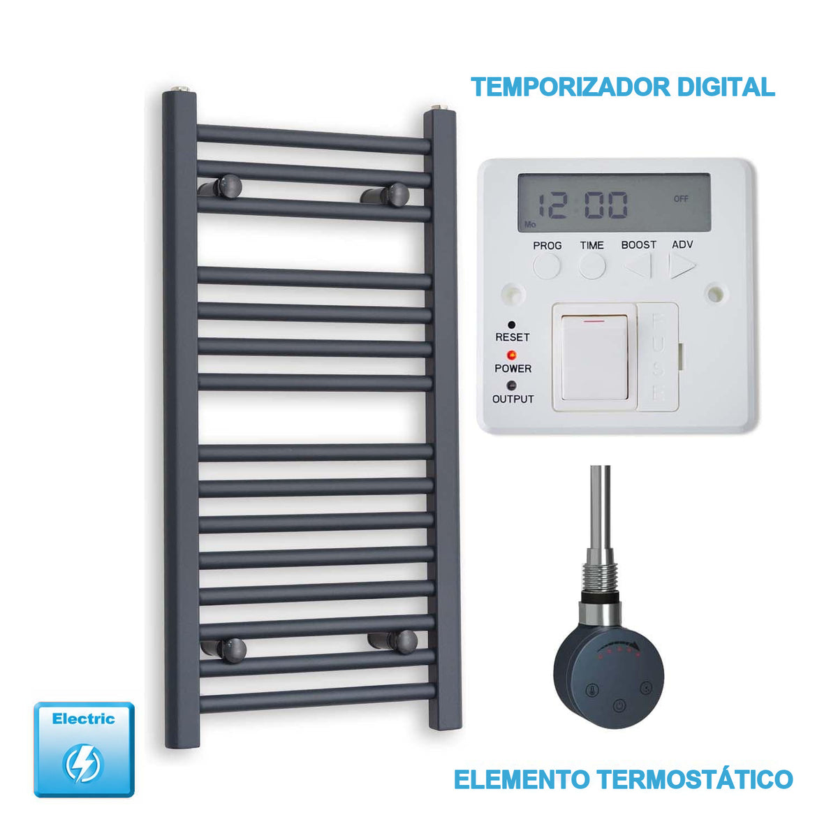Radiador Toallero Eléctrico Antracita 500mm Ancho - Precargado