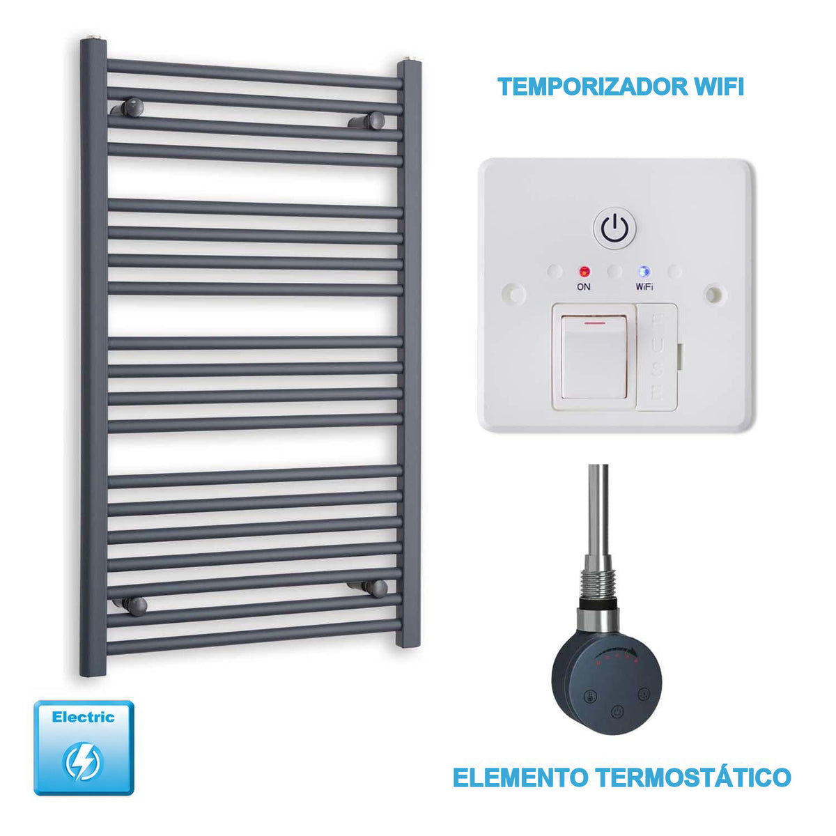 Radiador Toallero Eléctrico Antracita 600mm Ancho - Precargado