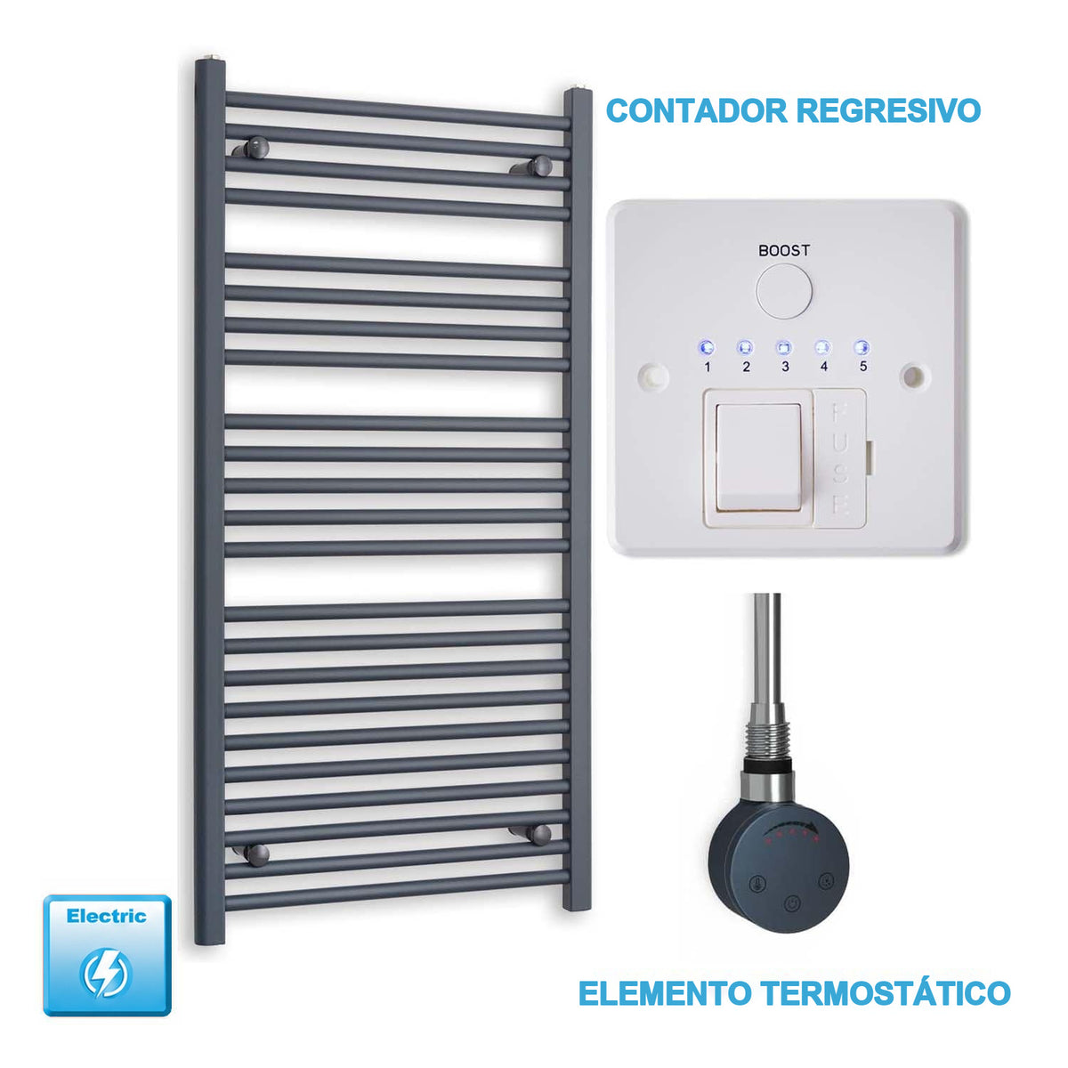 Radiador Toallero Eléctrico Antracita 600mm Ancho - Precargado