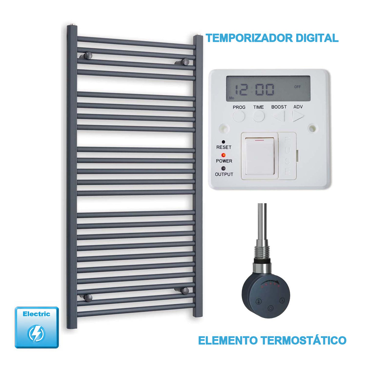 Radiador Toallero Eléctrico Antracita 600mm Ancho - Precargado