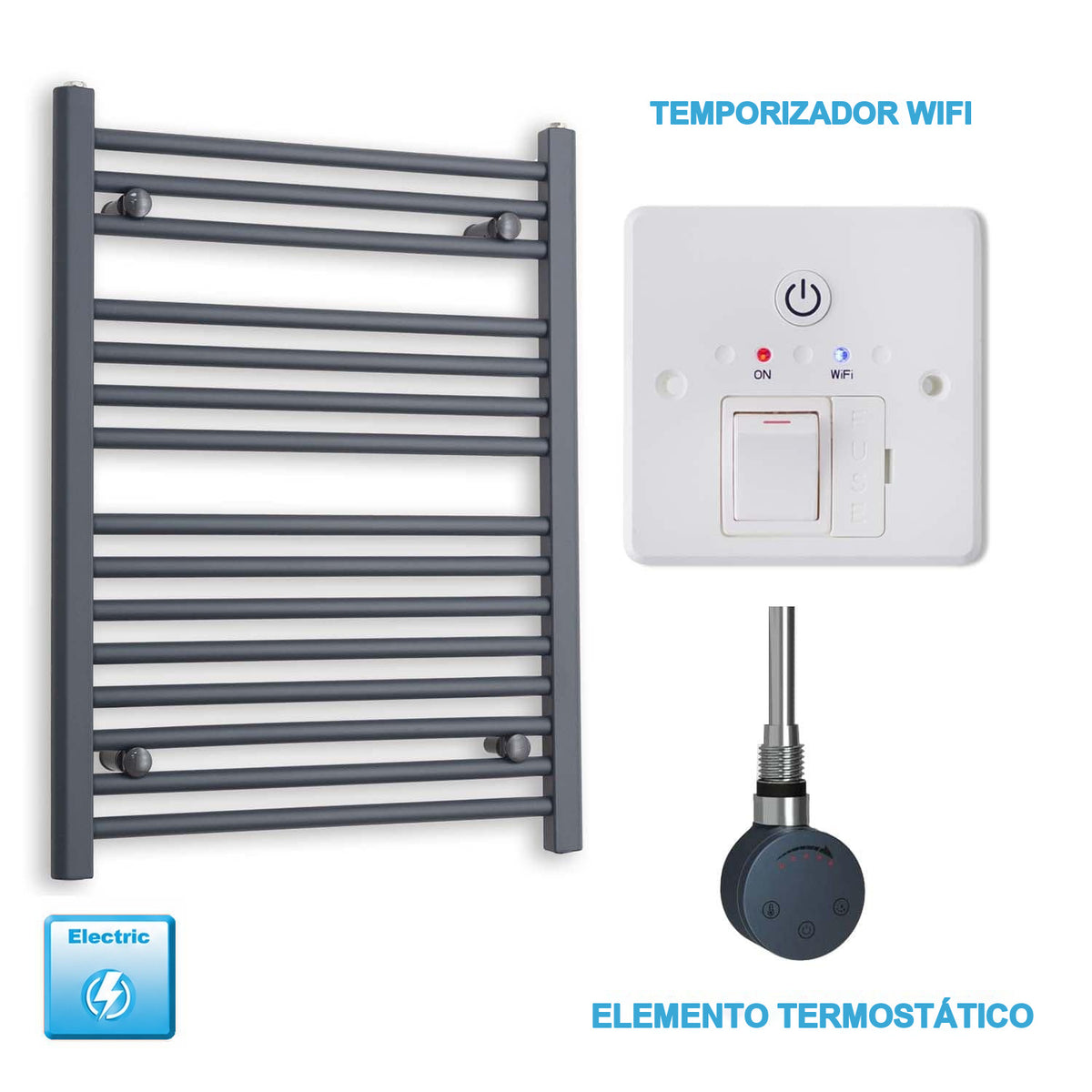 Radiador Toallero Eléctrico Antracita 600mm Ancho - Precargado