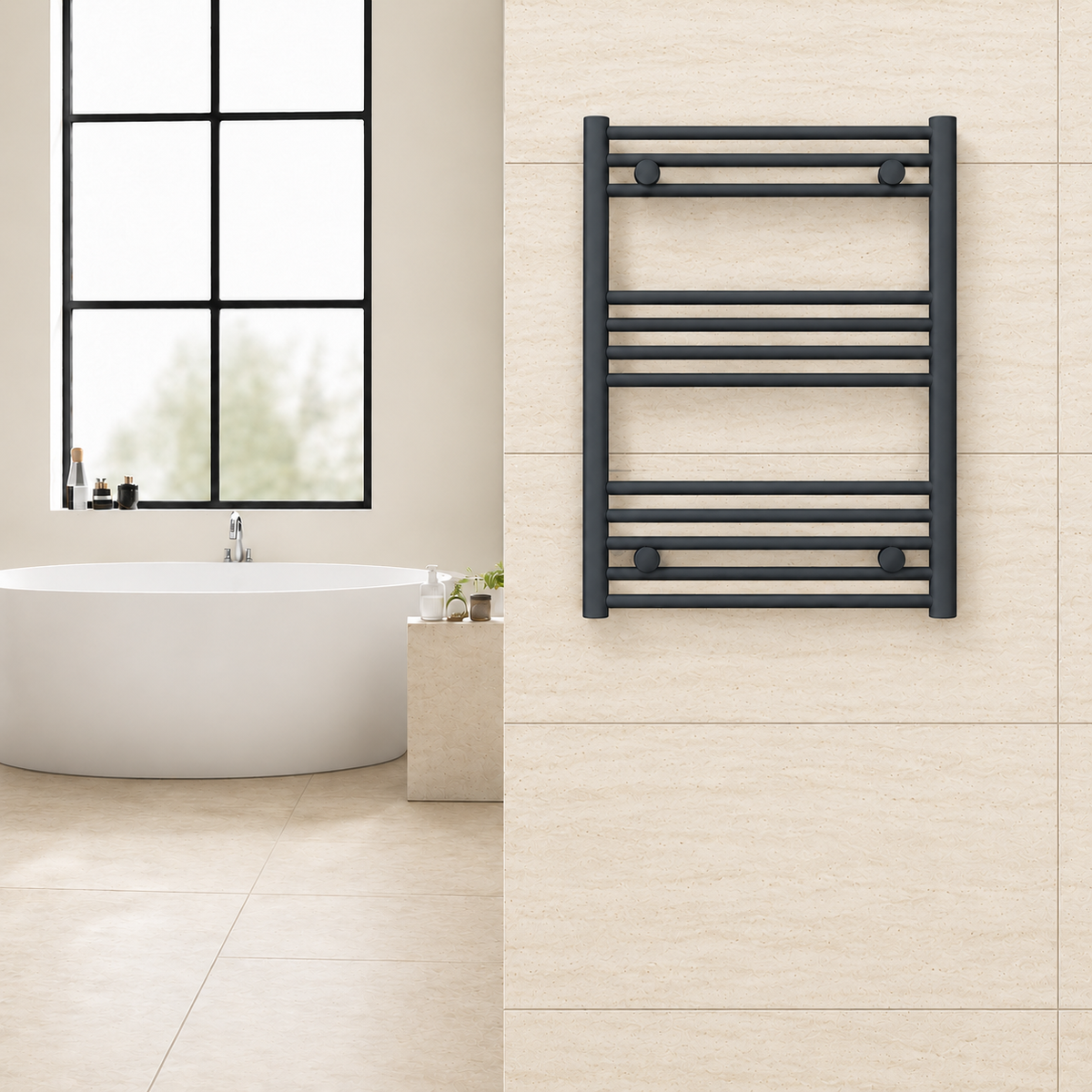 Radiador toallero antracita de 600 x 800 mm para calefacción central instalado en un baño