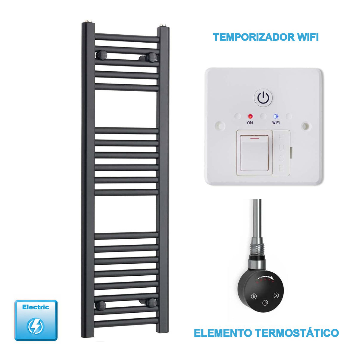 Radiador Toallero Eléctrico Negro 300 mm Ancho - Precargado