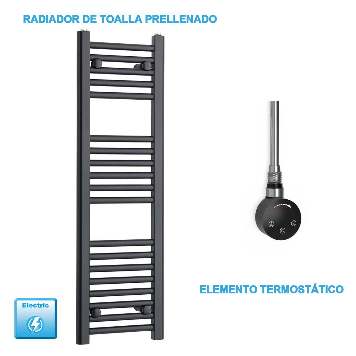 Radiador Toallero Eléctrico Negro 300 mm Ancho - Precargado