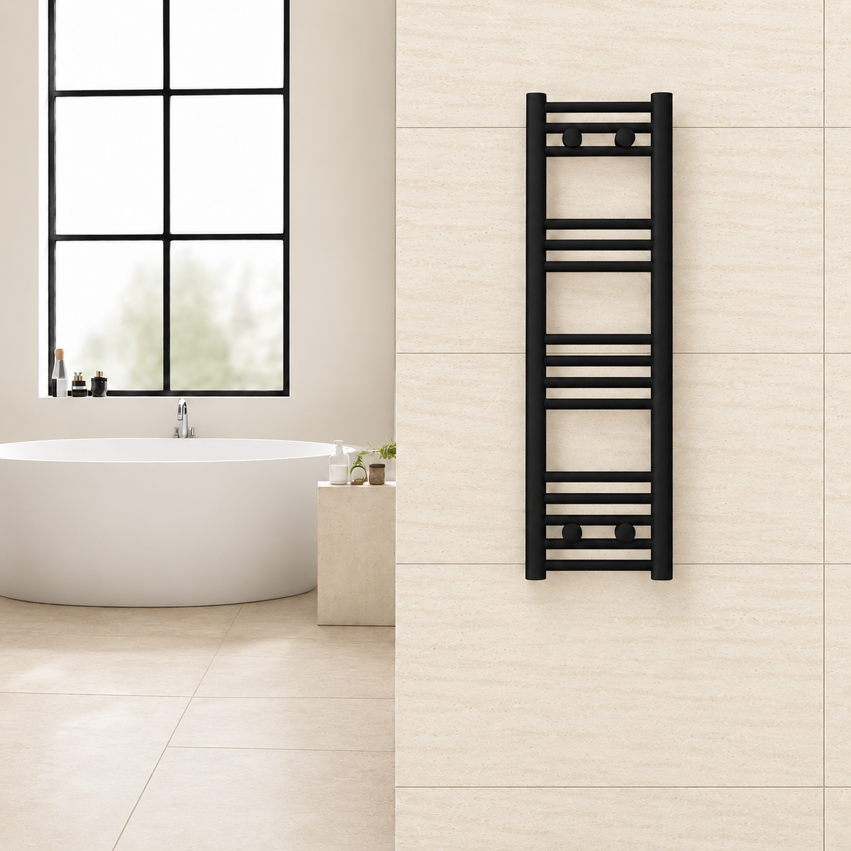 Radiador toallero negro de 300 x 1000 mm para calefacción central instalado en un baño