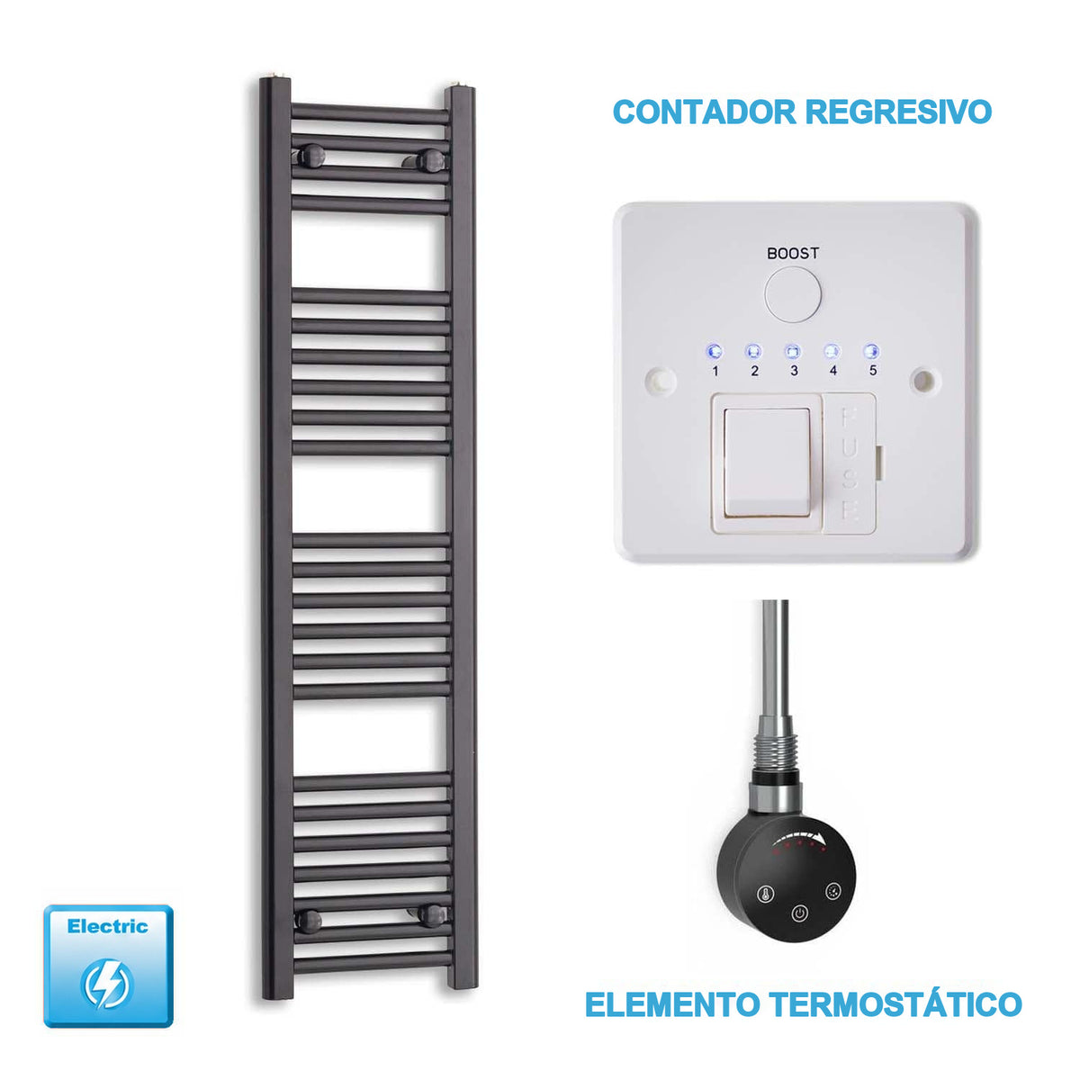 Radiador Toallero Eléctrico Negro 300 mm Ancho - Precargado