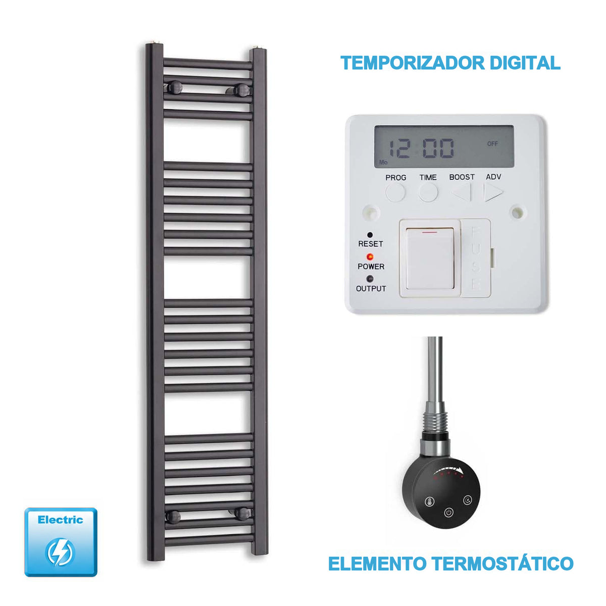 Radiador Toallero Eléctrico Negro 300 mm Ancho - Precargado