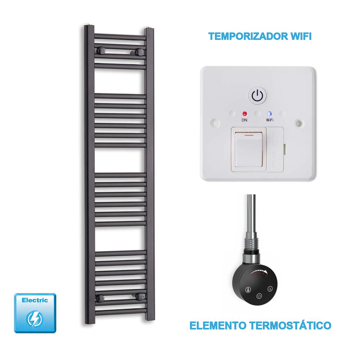 Radiador Toallero Eléctrico Negro 300 mm Ancho - Precargado
