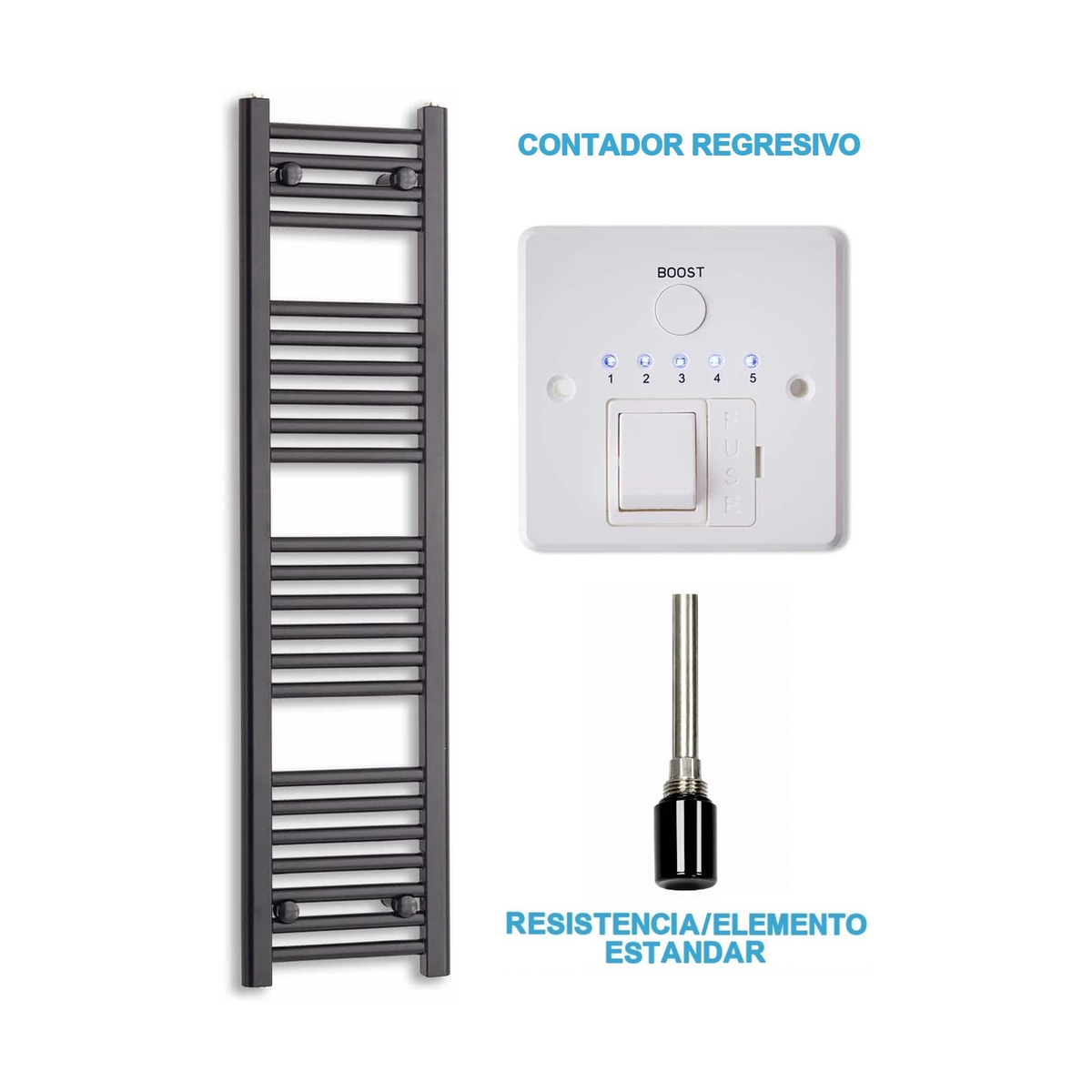 Radiador Toallero Eléctrico Negro 300mm de Ancho · Precargado