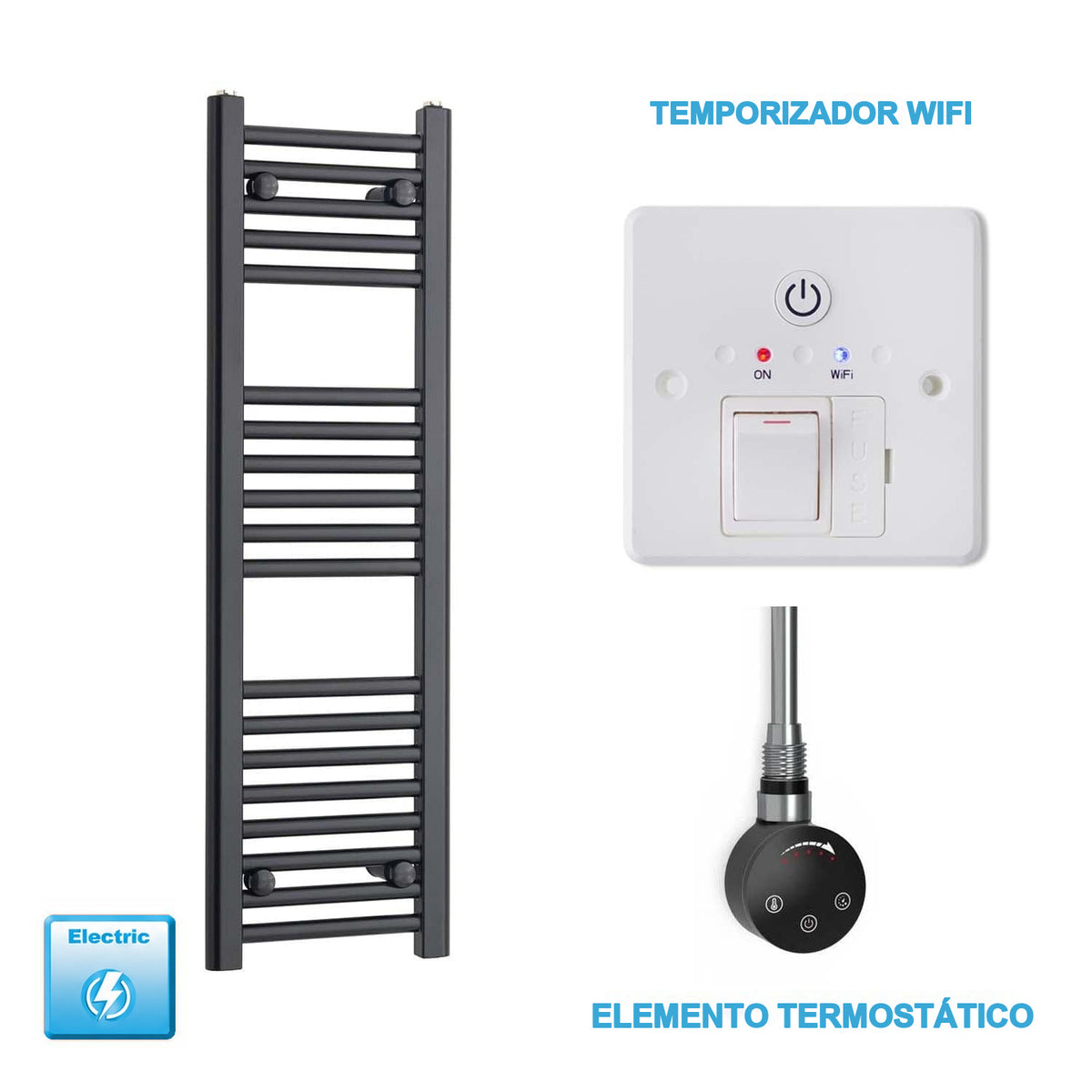 Radiador Toallero Eléctrico Negro 300 mm Ancho - Precargado