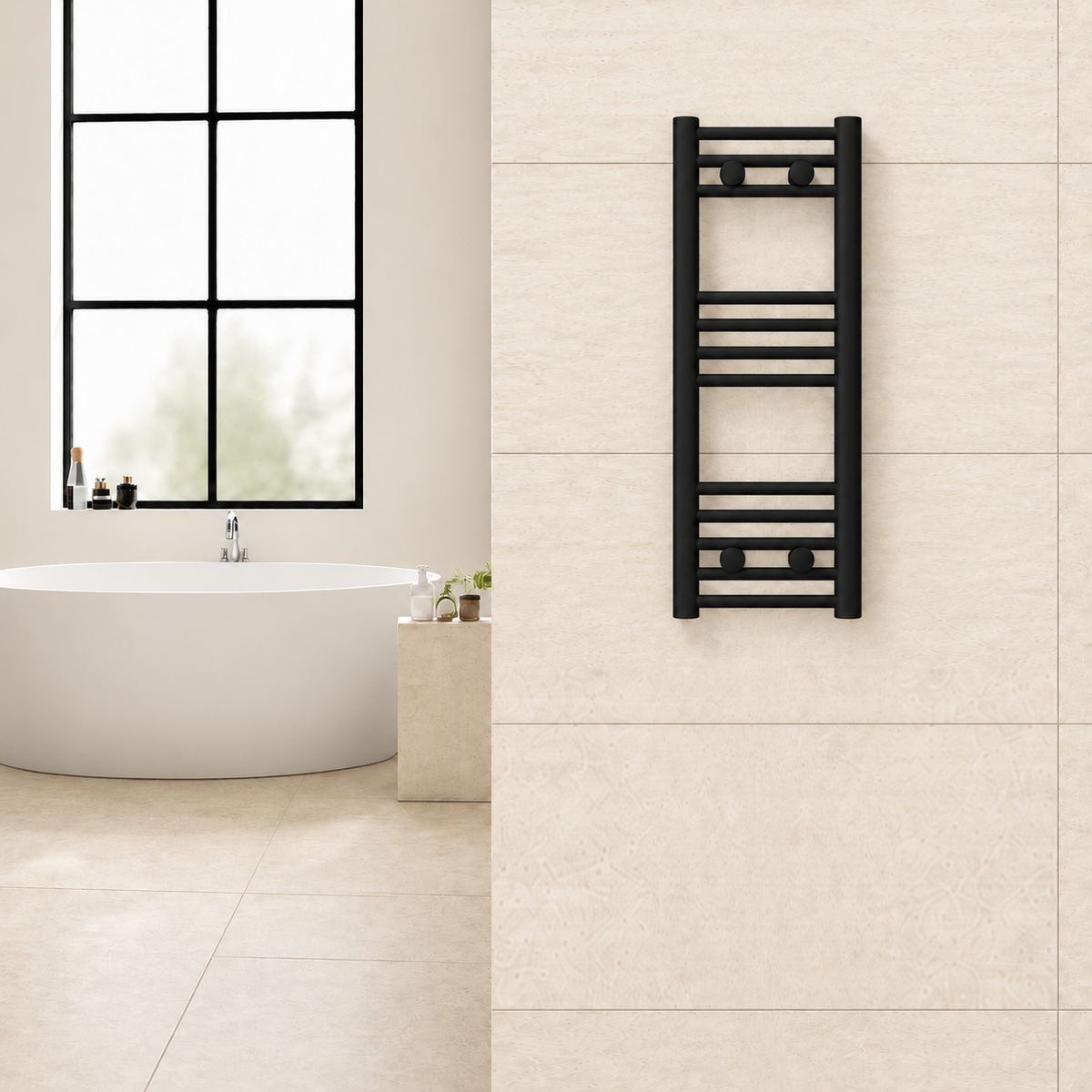 Radiador toallero negro de 300 x 800 mm para calefacción central instalado en un baño
