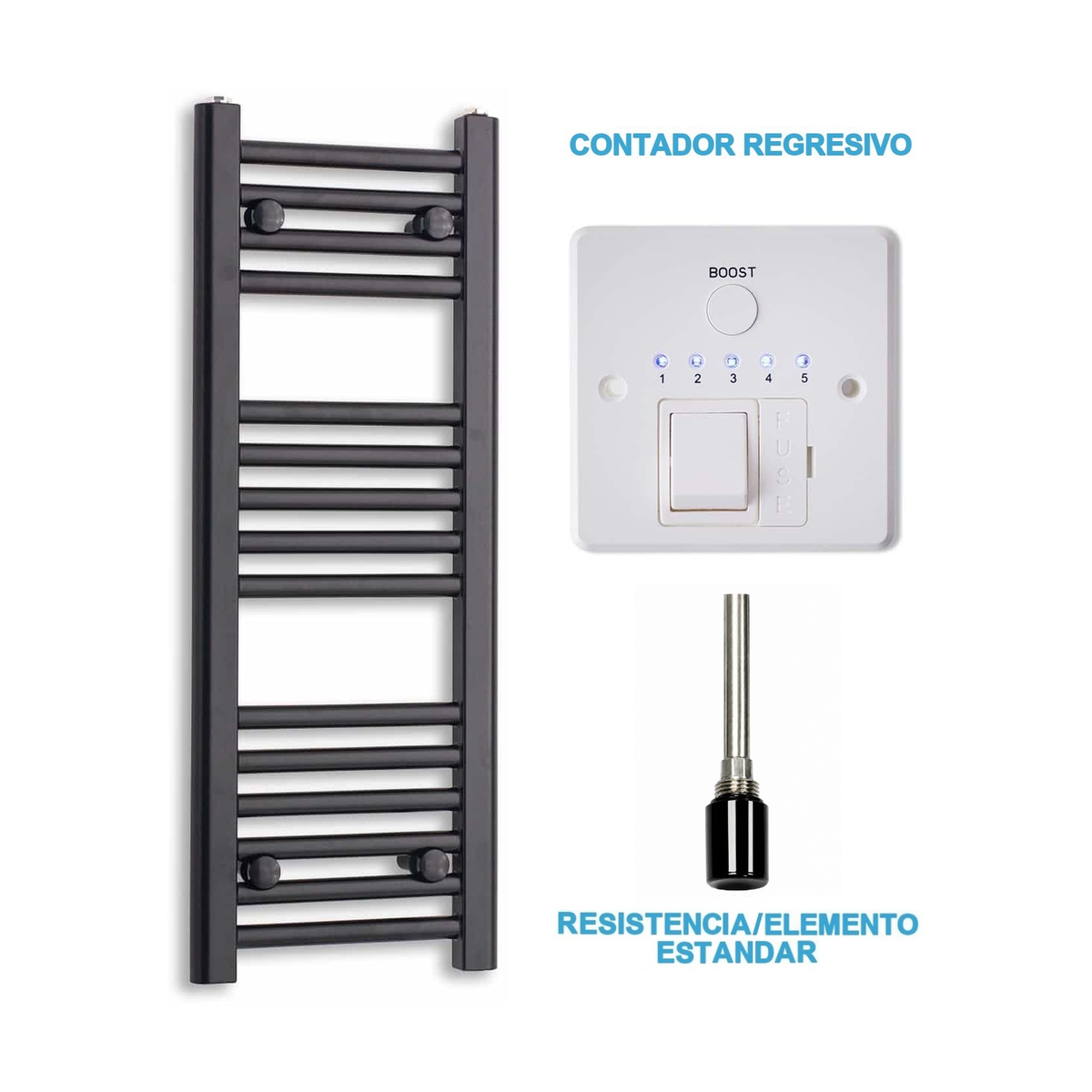 Radiador Toallero Eléctrico Negro 300mm de Ancho · Precargado