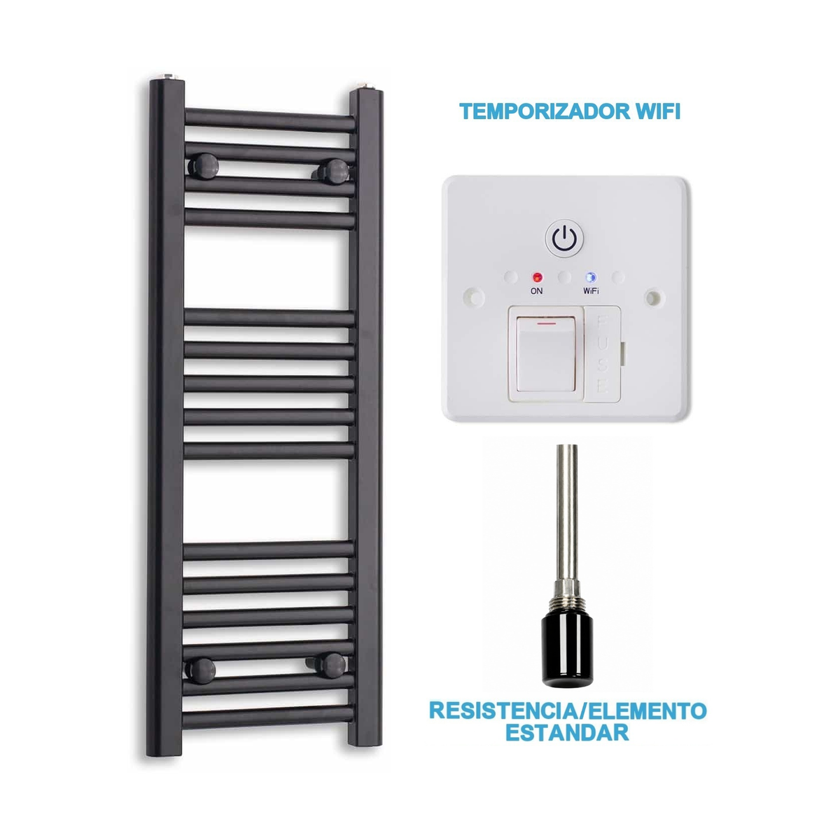 Radiador Toallero Eléctrico Negro 300mm de Ancho · Precargado
