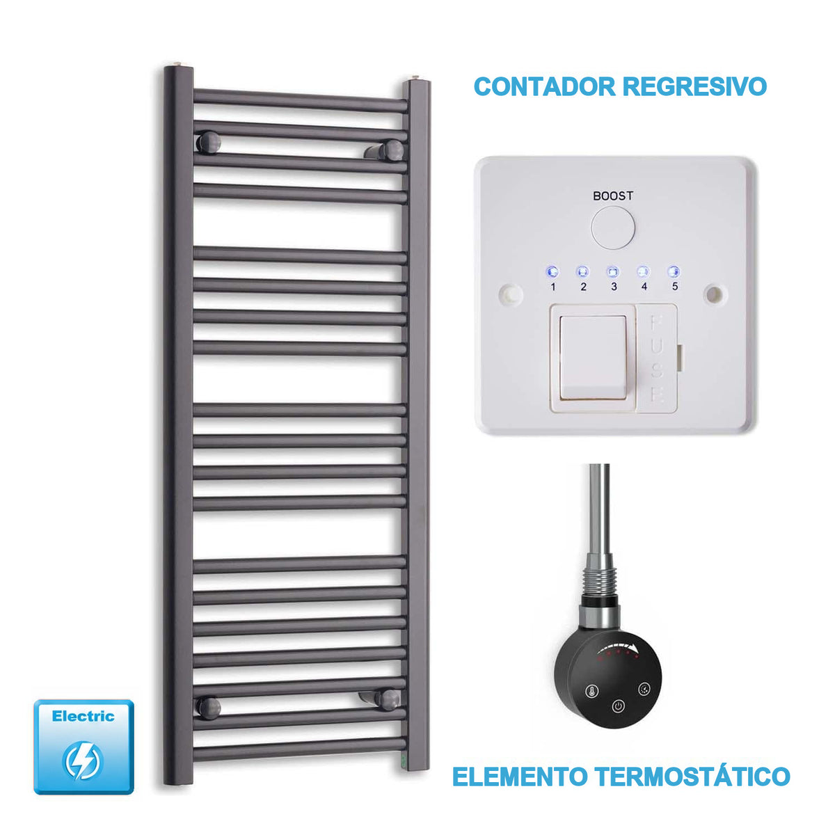 Radiador Toallero Eléctrico Negro 400mm Ancho - Precargado
