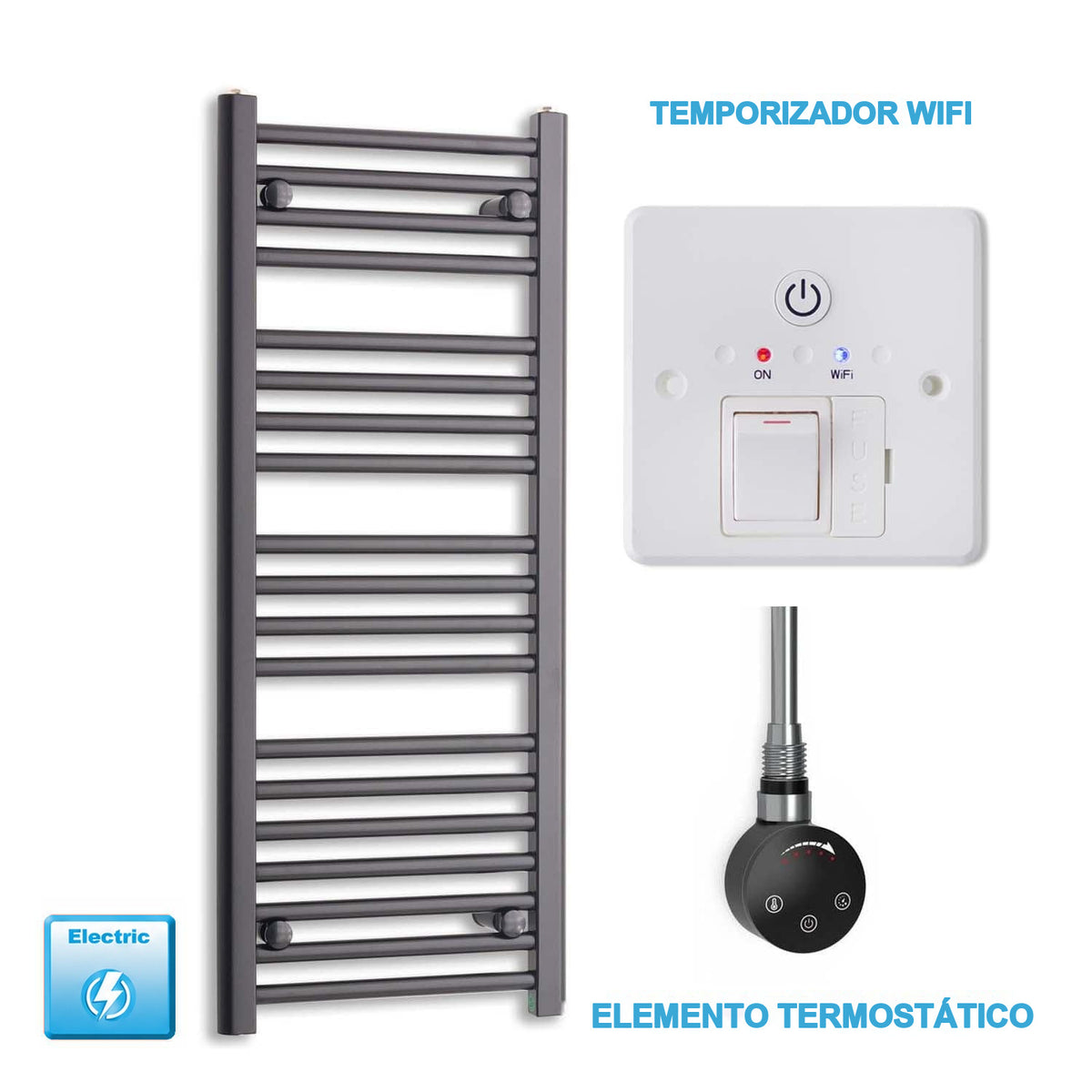 Radiador Toallero Eléctrico Negro 400mm Ancho - Precargado
