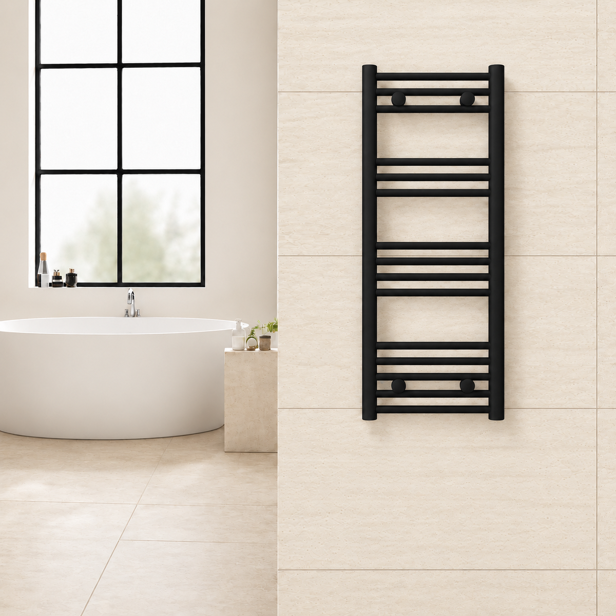 Radiador toallero negro de 400 x 1000 mm para calefacción central instalado en un baño