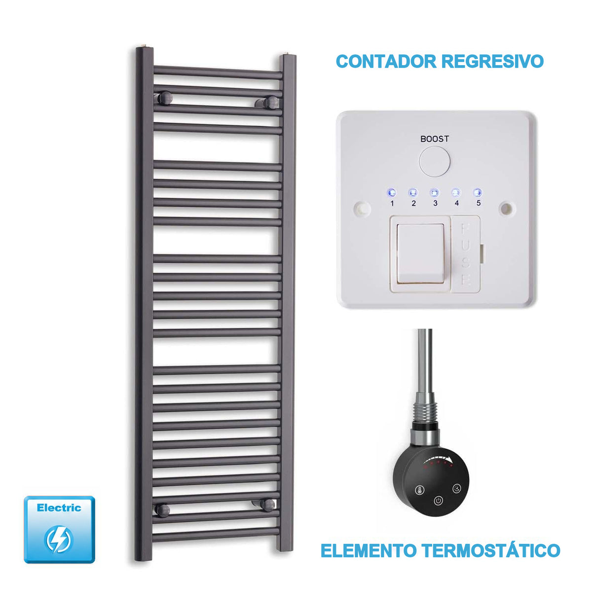 Radiador Toallero Eléctrico Negro 400mm Ancho - Precargado