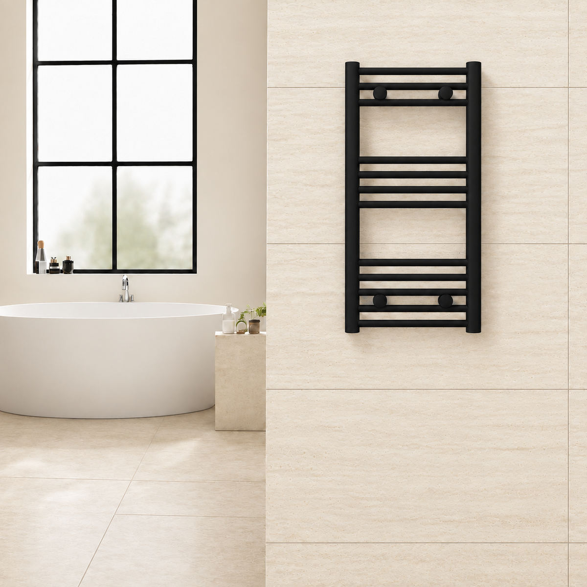 Radiador toallero negro de 400 x 800 mm para calefacción central instalado en un baño
